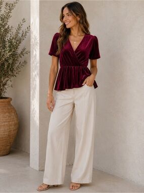 FRNCH Deep Wine Velvet Wrap Peplum Top